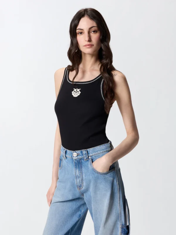 Camiseta sin mangas de canalé con bordado Love Birds PINKO